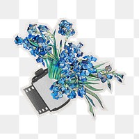 PNG vintage blue flower sticker with white border, transparent background, artwork remixed by rawpixel.