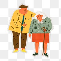 PNG elderly couple sticker with white border, transparent background