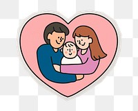 PNG family heart parents and baby sticker with white border, transparent background