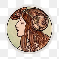 PNG Mucha's Art nouveau woman sticker with white border, transparent background , artwork remixed by rawpixel.