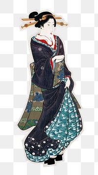 PNG Japanese woman sticker with white border, transparent background 