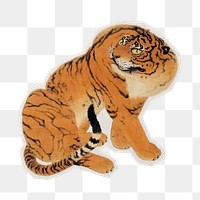 PNG sitting tiger sticker with white border, transparent background 