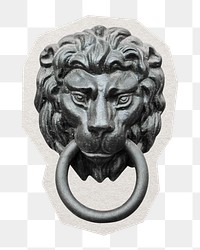 PNG  lion door knocker sticker with white border, transparent background