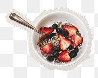 PNG strawberry cereal breakfast sticker with white border, transparent background