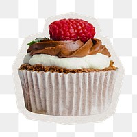 PNG raspberry chocolate cupcake dessert sticker with white border, transparent background