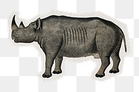 PNG black rhinoceros vintage sticker with white border,  transparent background 