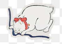 PNG vintage white cat sticker with white border, transparent background 