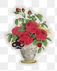 PNG aesthetic rose vase sticker with white border, transparent background 