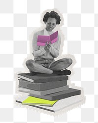 Png woman reading book  sticker, paper cut on transparent background