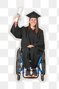 Png happy graduated girl in a wheelchair sticker, paper cut on transparent background