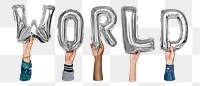World word png, hands holding balloon typography, transparent background