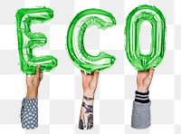 Eco word png, hands holding balloon typography, transparent background