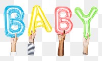 Baby word png, hands holding balloon typography, transparent background