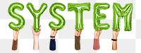 System word png, hands holding balloon typography, transparent background