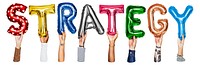Strategy word png, hands holding balloon typography, transparent background