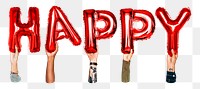 Happy word png, hands holding balloon typography, transparent background