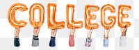 College word png, hands holding balloon typography, transparent background