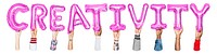 Creativity word png, hands holding balloon typography, transparent background