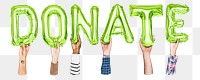 Donate word png, hands holding balloon typography, transparent background