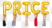 Price word png, hands holding balloon typography, transparent background