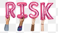 Risk word png, hands holding balloon typography, transparent background