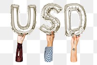 USD word png, hands holding balloon typography, transparent background