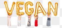 Vegan word png, hands holding balloon typography, transparent background