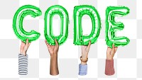 Code word png, hands holding balloon typography, transparent background