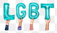 LGBT word png, hands holding balloon typography, transparent background