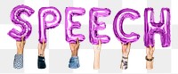 Speech word png, hands holding balloon typography, transparent background