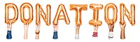 Donation word png, hands holding balloon typography, transparent background