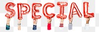 Special word png, hands holding balloon typography, transparent background