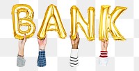 Bank word png, hands holding balloon typography, transparent background