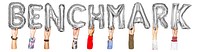 Benchmark word png, hands holding balloon typography, transparent background