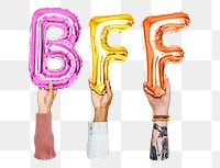 BFF word png, hands holding balloon typography, transparent background