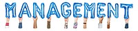 Management word png, hands holding balloon typography, transparent background