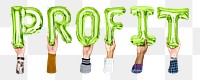 Profit word png, hands holding balloon typography, transparent background