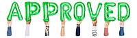 Approved word png, hands holding balloon typography, transparent background