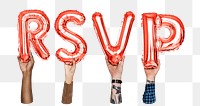 RSVP word png, hands holding balloon typography, transparent background