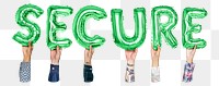 Secure word png, hands holding balloon typography, transparent background