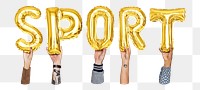 Sport word png, hands holding balloon typography, transparent background