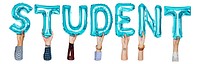 Student word png, hands holding balloon typography, transparent background
