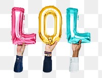 LOL word png, hands holding balloon typography, transparent background