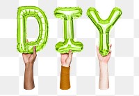 DIY word png, hands holding balloon typography, transparent background