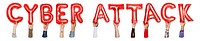 Cyber attack word png, hands holding balloon typography, transparent background