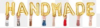 Handmade word png, hands holding balloon typography, transparent background