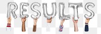 Results word png, hands holding balloon typography, transparent background