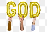 God word png, hands holding balloon typography, transparent background