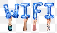 Wifi word png, hands holding balloon typography, transparent background