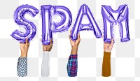 Spam word png, hands holding balloon typography, transparent background